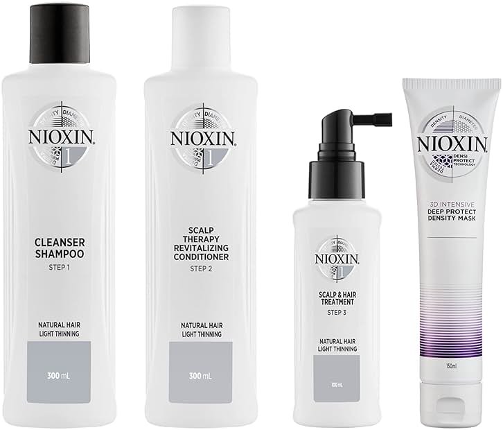 Nioxin System Kit 1, Cleanse, Condition, & Treat the Scalp for Thicker and Stronger Hair, 3 Month Supply + Deep Protect Density Mask, Anti-Breakage Strengthening Treatment for Damaged or Colored Hair - Product Image