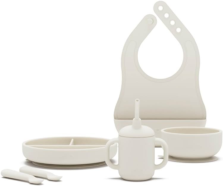 Lalo First Bites Silicone Baby Feeding Set - Baby Led Weaning Supplies - Non-Toxic Silicone - Includes 1 Bib, 2 Spoons, Training Cup, Suction Plate and Bowl - 6 Pieces - Oatmeal - Product Image