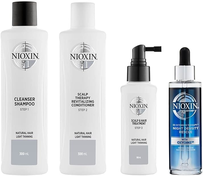 Nioxin Scalp + Hair Thickening System 1 Kit | For Natural-Hair with Light Thinning | Cleanse, Condition, & Treat + Night Density Rescue, Overnight Leave-in Antioxidant Serum for Thickness | Bundle - Product Image