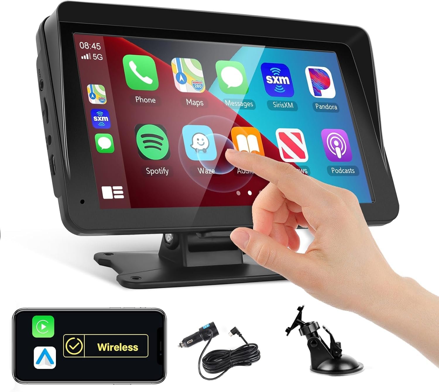 Podofo Portable Car Stereo Wireless Carplay Android Auto,7 Inch Touch Screen Car Radio with Bluetooth Hands-Free/Mirror Link/Maps Navigation/Voice Control/TF Card/AUX,for Cars, Trucks, SUVs - Product Image