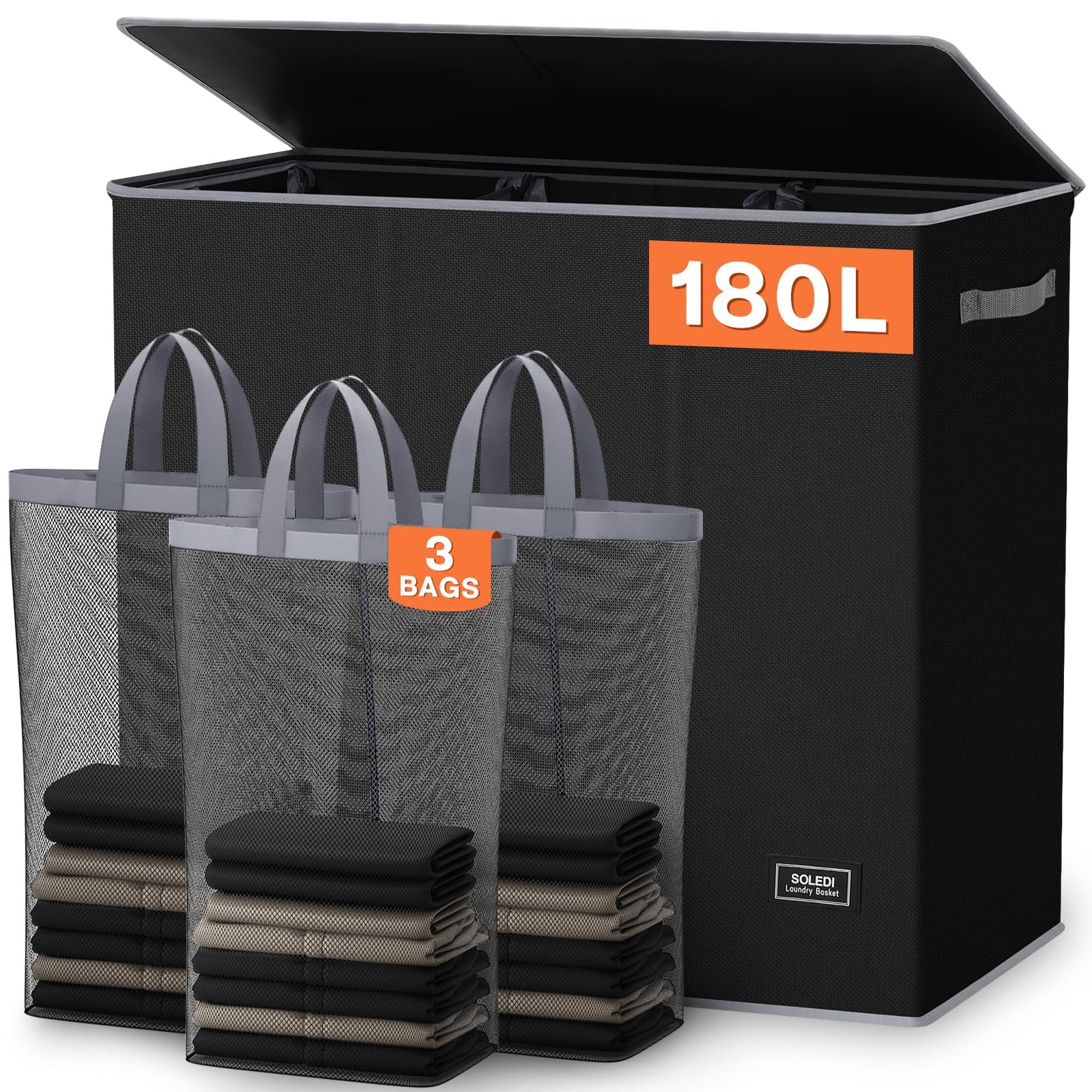 SOLEDI 180L Laundry Hamper 3 Section, Extra Large Laundry Hamper with Lid, Dirty Clothes Hamper with Sturdy Handle, Large Laundry Basket Organizer for Laundry Room, Bedroom, Hampers for Laundry - Product Image