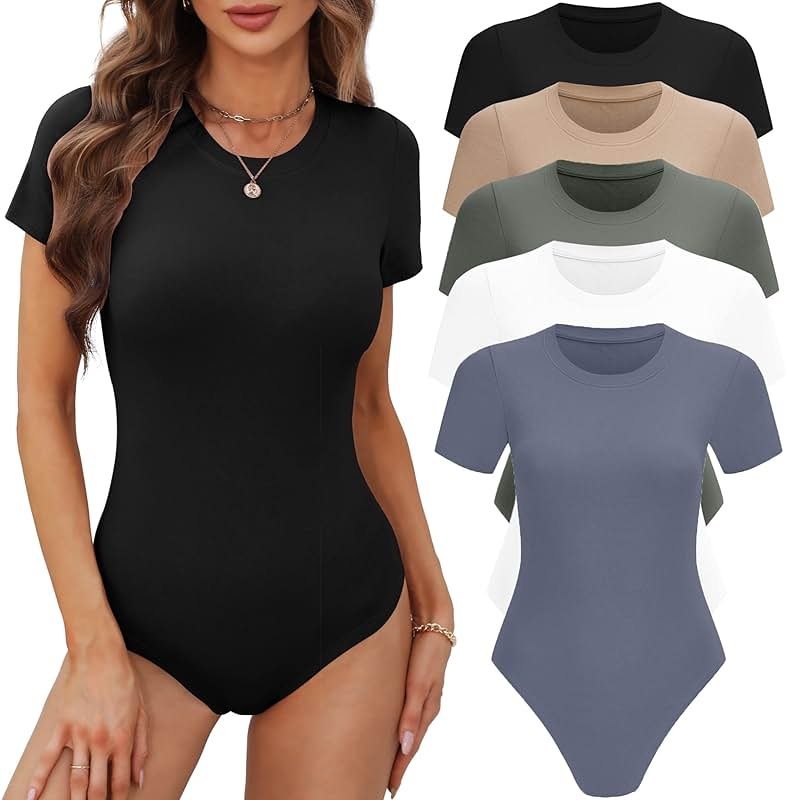BALENNZ Women's 4/5 Pack Short Sleeve Round Neck Bodysuit Tops Crew Neck Basic Casual Tshirt Bodysuits - Product Image
