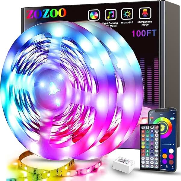 ZOZOO 100ft Led Lights for Bedroom(2 Rolls of 50ft), Smart RGB Led Strip Lights with 44-Key Remote & APP Control Music Sync with Color Changing for Home Party Festival Decoration - Product Image
