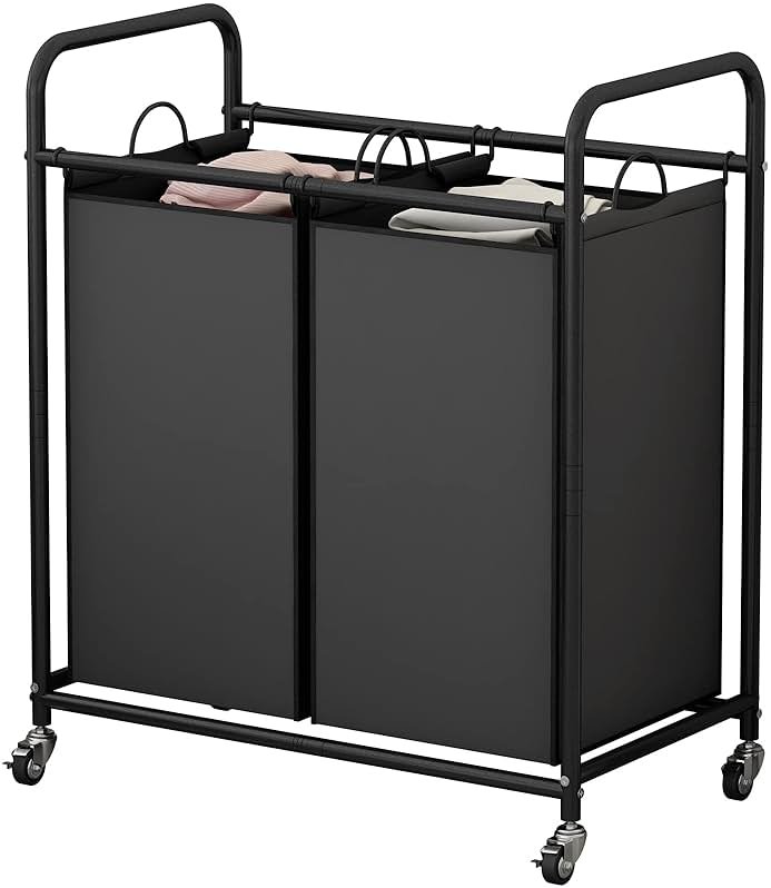 SUOERNUO Laundry Hamper Basket 2 Bag Laundry Sorter Cart with Rolling Lockable Wheels and Removable Bags Laundry Organizer Cart for Clothes Storage, Black - Product Image