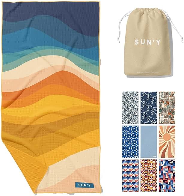SUN'Y Waffle Microfiber Beach Towel – Sand Free, Quick Dry, Ultra Absorbent, Lightweight & Compact Travel Towel with Carry Bag - Large (63” x 31.5”), Boho - Product Image