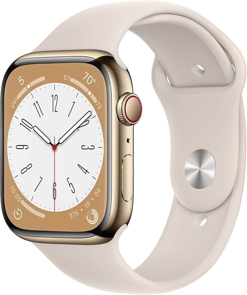 Apple Watch Series 8 (GPS + Cellular, 45mm) - Gold Stainless Steel Case with Starlight Sport Band (Renewed) - Product Image