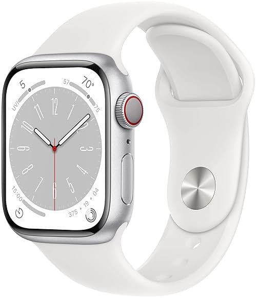 Apple Watch Series 8 [GPS + Cellular, 41mm] - Silver Aluminum Case with White Sport Band, S/M (Renewed) - Product Image