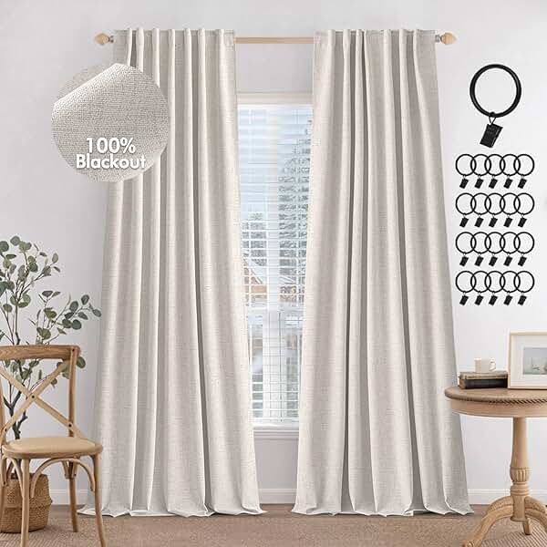 MIULEE 100% Blackout Curtains 90 inches Long Linen Curtains & Drapes for Bedroom Back Tab Living Room Darkening Full Black Out Window Curtain Panels Rod Pocket, Beige, 2 Panels Set - Product Image
