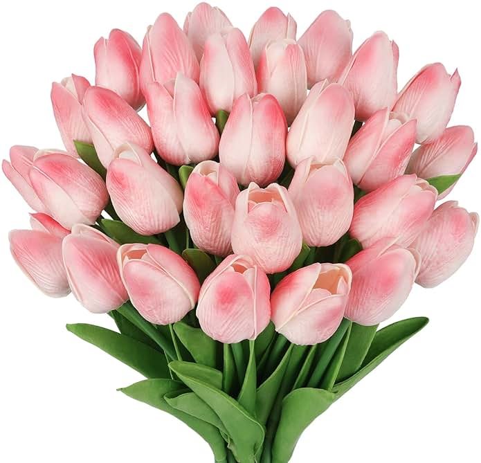 MACTING 30 PCS Artificial Tulip Flowers 13.7" Real Touch Fake PU Tulips Bouquet Faux Flowers for Floral Arrangements Table Centerpieces Kitchen Indoor Home Mothers Day Decorations,Peach Pink - Product Image