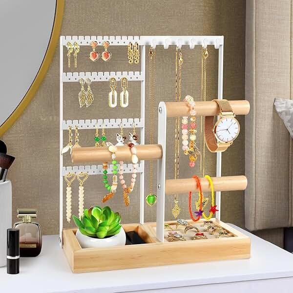 Godboat Jewelry Organizer, 4-Tier Earring Holder Organizer with 48 Holes, 6 Hooks Necklace Rack, Bracelet and Ring Stand with Wood Box, Gifts for Mothers Mom Women, Preppy Stuff & Room Decor, (White) - Product Image