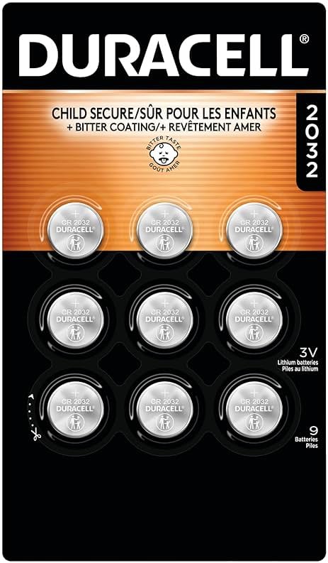 Duracell CR2032 Lithium Battery 3 Volt, 9 Count, Child Safety Features, Compatible with AirTag, Key Fob, Tea Light Candles and Other Devices, 10 Year Storage Guarantee - Product Image