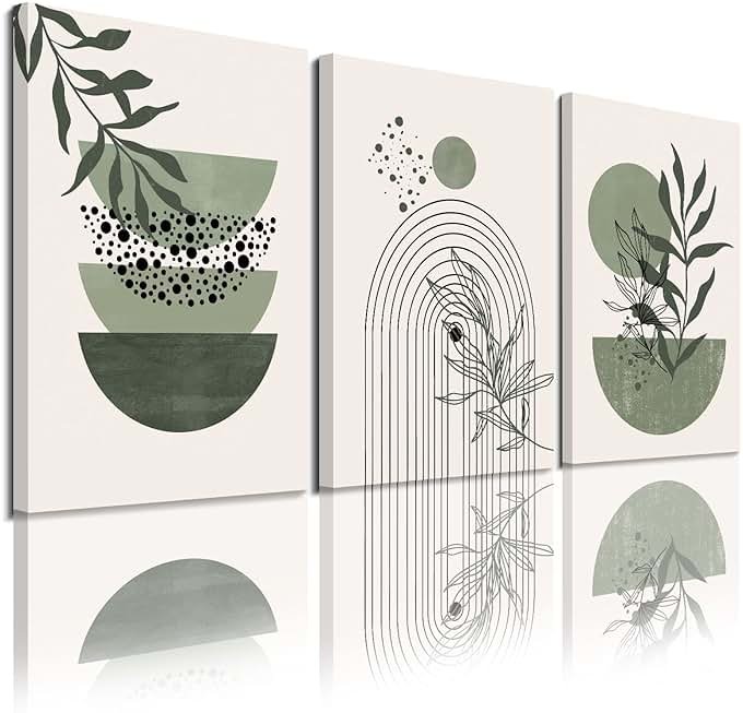 Sage Green Wall Posters & Prints, Green Boho Wall Art Set of 3, Minimalist Framed Wall Art Geometric Line Leaf Sun Moon Beige Green Canvas Artwork Paintings - Product Image