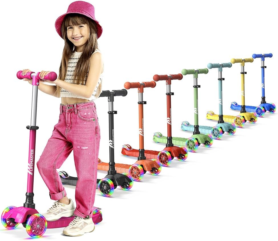 Lifemaster Mini 3-Wheel Kids Scooter with Multi-Color Wheel Lights – 4-Height Adjustable Handlebar, Wide Anti-Slip Deck, Child Safety Certified, Boys & Girls Ages 2+ Supports Up to 110 lbs - Product Image