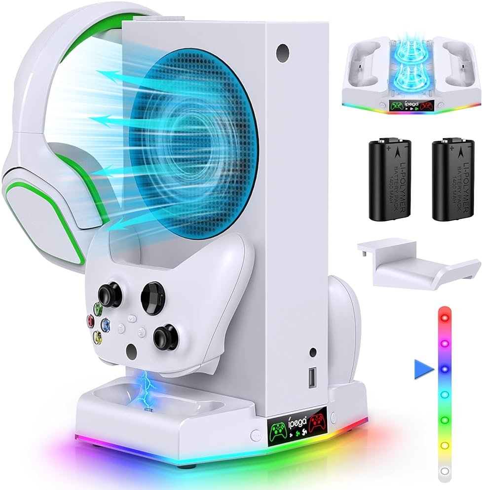 Cooling Stand & Charging Station for Xbox Series S with RGB Light Strip,Dual Controller Charger & Cooler Fan for XSS Console Accessories with 2*1400mAH Rechargeable Battery Pack,1*Headphone Hook,White - Product Image