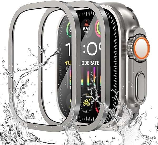 WINGLE 2 Pack for Apple Watch Ultra 3/Ultra 2/Ultra Screen Protector 49mm,9H Tempered Glass + Titanium Alloy Frame [Keep Original] Waterproof Protective HD Glass Film for iWatch Ultra 3/2/1, Titanium - Product Image