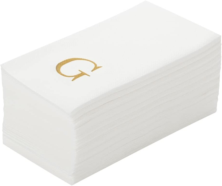 Luxenap 15.8 X 7.9 Inch Linen-Feel Guest Towels, 50 Lettered Hand Towels - Gold Letter 'G', Sans Serif Font, White Paper Dinner Napkins, airlaid, For Restrooms And Tables - Restaurantware - Product Image