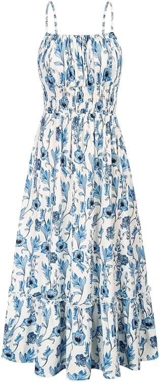 GRACE KARIN Summer Dresses for Women 2026 Vacation,Smocked Floral Maxi Dress,Boho Beach Sundress with Pocket Fashion Clothing - Product Image