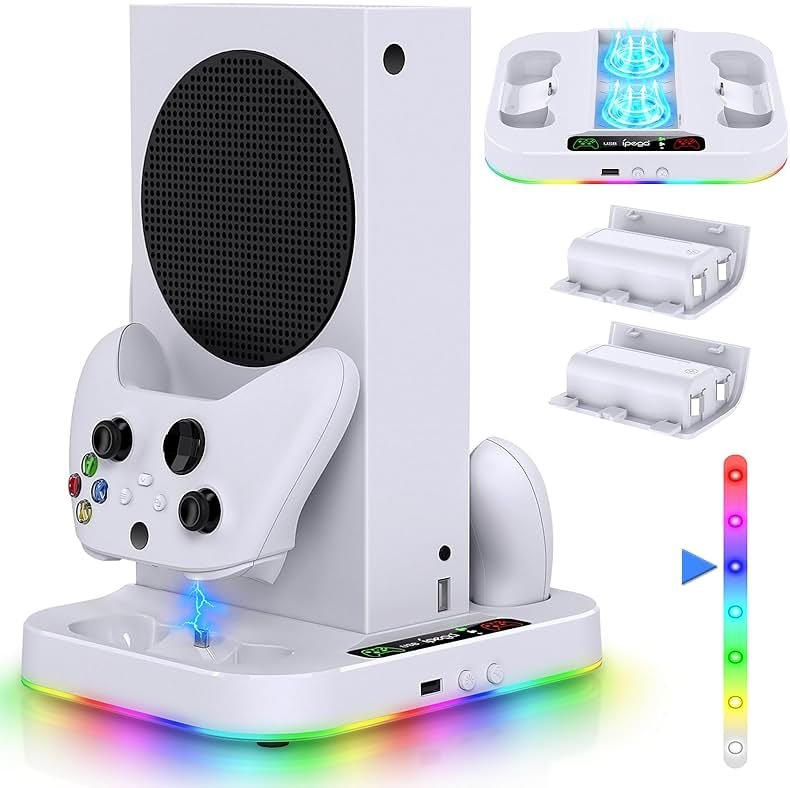 Cooling Fan Stand & RGB Light Strip for Xbox Series S,Dual Charger Station with 2X1400mAH Rechargeable Battery Pack,Charging Dock Accessories for XSS with 15 RGB Light Modes,USB2.0 Port for Sync,White - Product Image