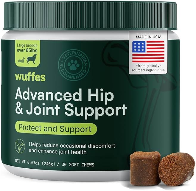 Wuffes Advanced Dog Hip and Joint Supplement with Glucosamine, Chondroitin, Omega 3, MSM, and Green Lipped Mussel, 30 Pork Flavored Chews for Large Dog Breeds - Product Image