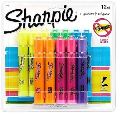 Sharpie Tank Highlighters, Assorted Colors, Chisel Tip, Back to School Essentials, Teacher & Office Supplies, Smear-Resistant, 12-Pack - Product Image