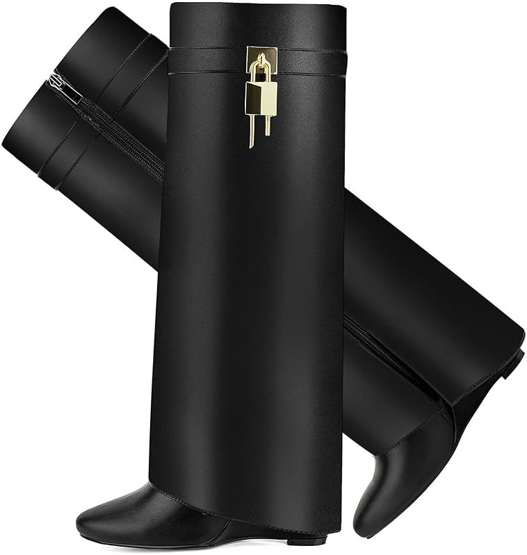 CDHYX Fold Over Boots for Women Pointy Pull-on Wedge Heel Knee Shark Boot With Side Zipper Padlock Design - Product Image