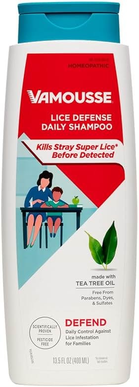 Vamousse Head Lice Defense Daily Shampoo, Homeopathic Pesticide-Free Formula with Tea Tree Oil, After Exposure Defense for Kids &Family, Paraben, Sulfate & Dye Free, 13.5 Oz - Product Image