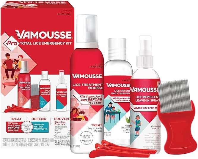 Vamousse PRO Lice Emergency Kit, Includes Lice Treatment Mousse (6 Oz), Daily Shampoo (4 Oz), Repellent Spray (3 Oz), Steel Comb & 2 Clips, for Kids & Adults, Ideal for Daily Use - Product Image