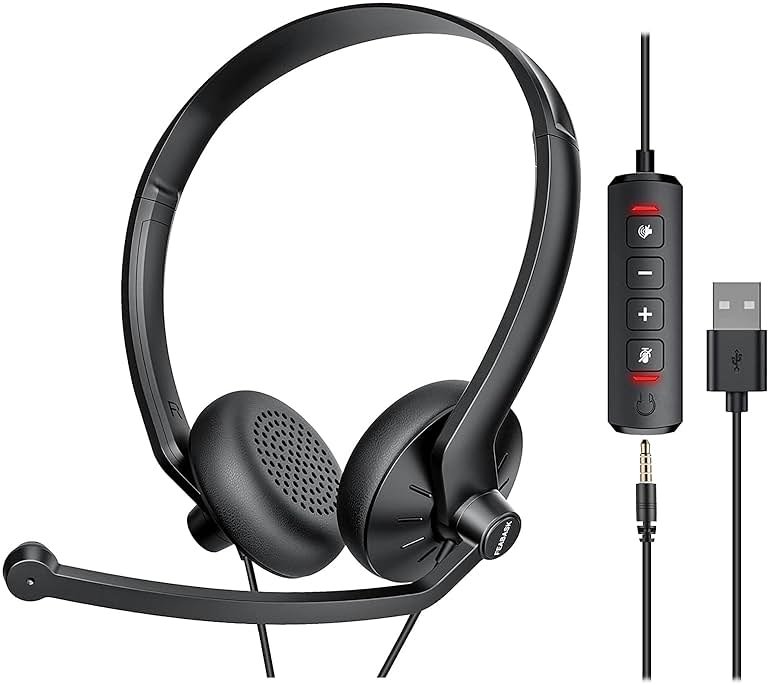 FEABASK USB Headset with Microphone for PC Laptop - Wired Computer Headphones with Noise Cancelling Microphone for Home Office Online Class Skype Zoom Meetings,in Line Mute Controls - Product Image
