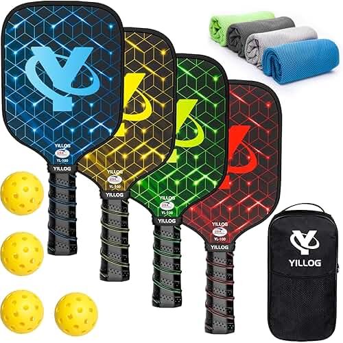 YILLOG Pickleball Paddles, USAPA Approved Pickleball Paddle Set of 4, Fiberglass Surface Pickleball Set, 4 Pickleball Balls, 4 Cooling Towels, Pickleball Bag, Pickle Ball Paddle for Men Women - Product Image