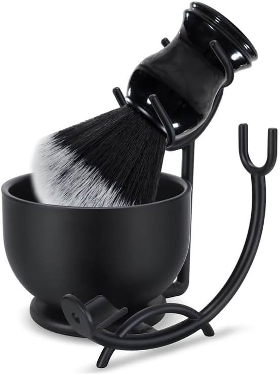 Grandslam Deluxe Shaving Kit for Men, 3 in 1 Shaving Set Includes Shaving Brush, Stainless Steel Shaving Bowl and Razor & Brush Holder, Black Set - Product Image