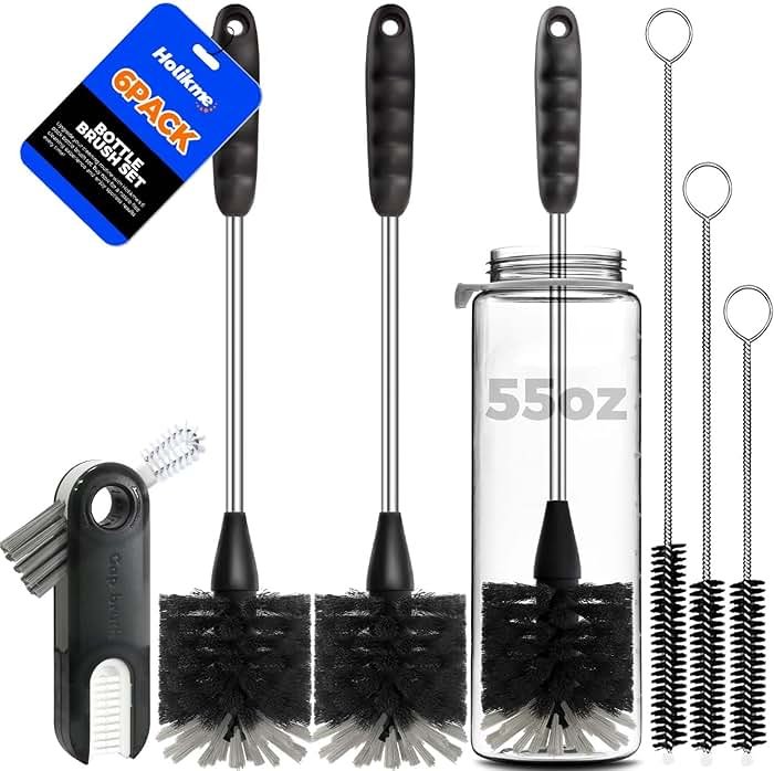 Holikme 6 Pack Bottle Brush Set, 14" Long Handle Stainless Steel Bottle Cleaner Brush, 3 Straw Brushes, 4-in-1 Bottle Cleaning Brush for Water Bottle, Antistatic Lab Brushes Straws, Black - Product Image
