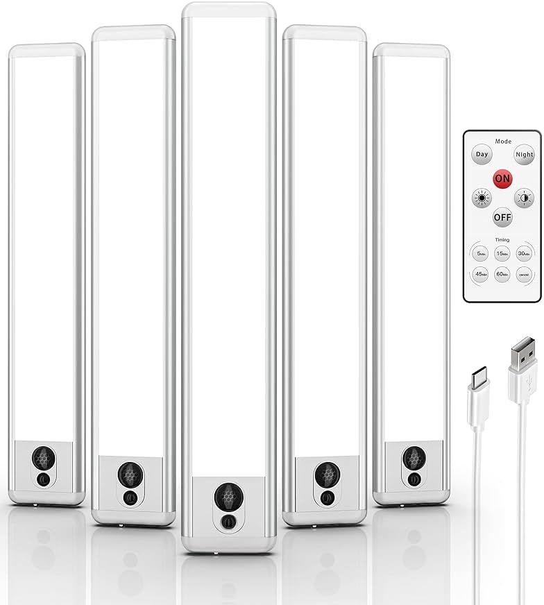 EZVALO 5-Pack Under Cabinet Lighting, 2400mAh Motion Sensor Light, LED Closet Lights Wireless, 6500K Dimmable, Timer, Magnetic, with Remote Control for Kitchen, Closet, Stair - Product Image