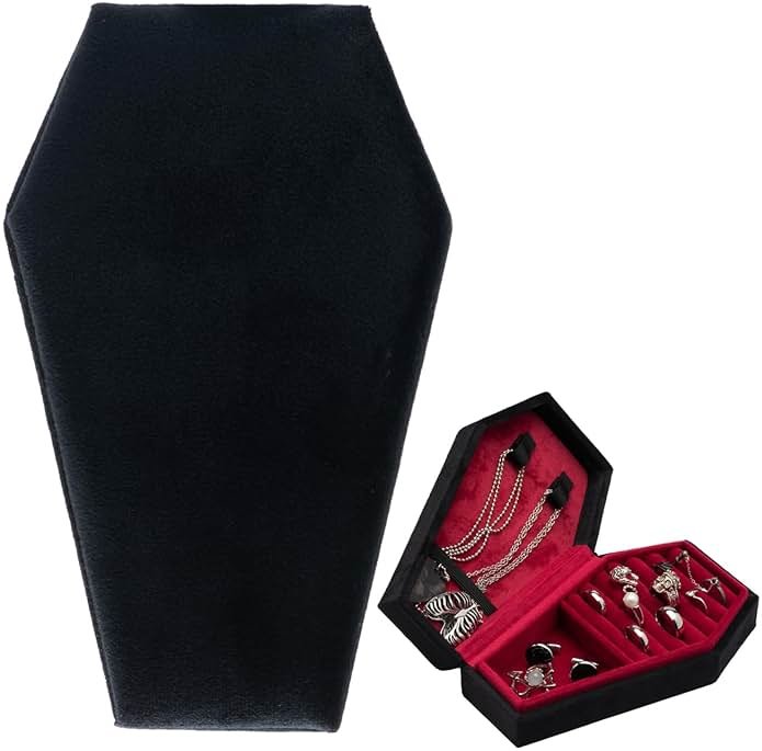 Giftop Velvet Coffin Jewelry Travel Case Holder for Gothic Wedding Ceremony Jewelry Organizer Decoration (Black and Red) - Product Image