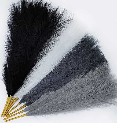 SeptCat 8 Pcs 17" Pampas Grass Faux Dried Decor, Fluffy Fake Small Pompas Artificial Black White Grey Gray Pompous Short Stems Bouquet Flower Arrangement Vase Filler for Boho Home Wedding Decoration - Product Image