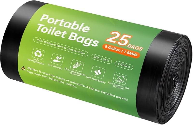 Portable Toilet Replacement Bags, 25 Count 8 Gallon 1.5 Mil Super Thickened Compostable Trash Bags, 30 Liter Camping Toilet Bags for Travel Outdoors, Boating, Emergency Toilet Bag for Car - Product Image