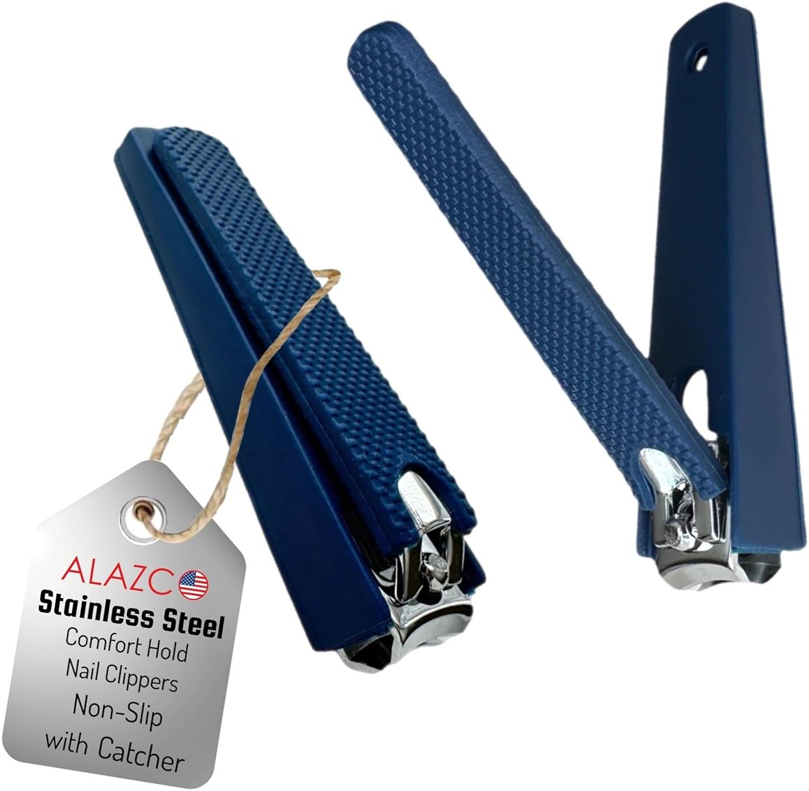 2 Comfort Hold Navy Large Nail Clippers Non-Slip Sure Grip Clipping Removable Catcher Toenails Fingernails Cutter Ultra Sharp Trimmer Stainless Steel Men Women Arthritis Unsteady Hands - Product Image