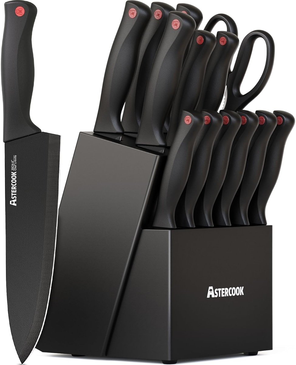 Knife Set, Astercook 15 Pieces Knife Sets for Kitchen with Block, Dishwasher Safe Kitchen Knife Set with Built in Sharpener Block, German Stainless Steel Kitchen Utensils Set - Product Image