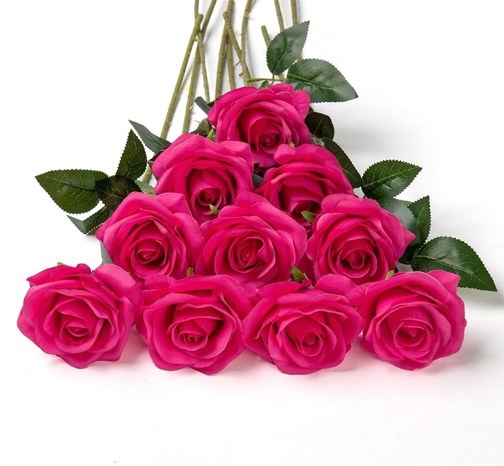 DuHouse 10pcs Silk Roses Artificial Flowers Fake Rose for Arrangement Wedding Party Home Decoration(Fuchsia) - Product Image
