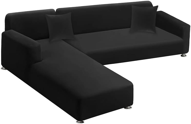 LA MEACK Sectional Couch Covers 2-Piece Softness L Shaped Sofa Cover Super Stretch L-Type Couch Slipcover with 2Pcs Pillowcases Sofa Slipcover 3 Seater + 3 Seater Furniture Protector (Black) - Product Image