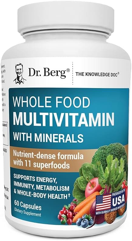 Dr. Berg Whole Food Multivitamin with Minerals - Daily Multivitamin for Men and Women - Includes Premium Whole Food Fruits and Vegetable Blend with Folate, Alpha-lipoic Acid and More - 60 Capsules - Product Image
