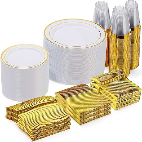 Goodluck 600 Pieces Gold Disposable Plates for 100 Guests, Plastic Plates for Party, Dinnerware Set of 100 Dinner and 100 Dessert Plates, 100 Spoons, 100 Forks, 100 Knives, 100 Cups - Product Image