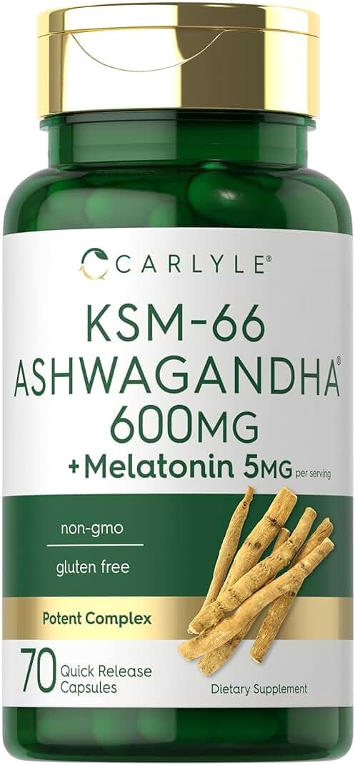 Carlyle KSM-66 Ashwagandha Capsules 600mg | 70 Count | with Melatonin 5mg | Potent Complex | Non-GMO, Gluten Free - Product Image