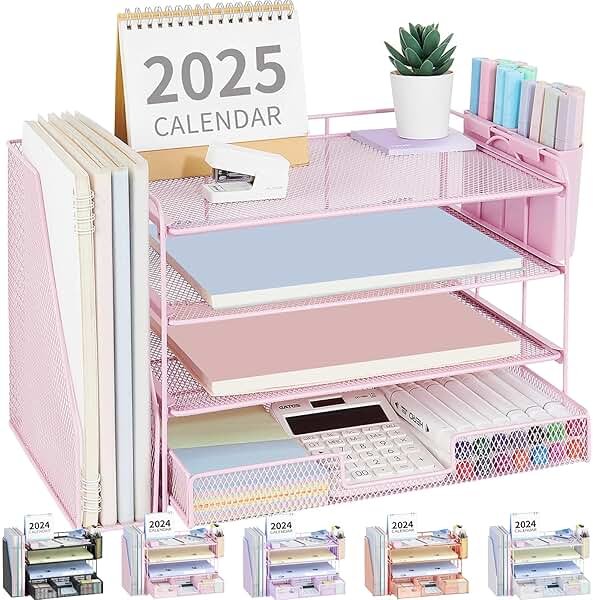 OPNICE Desk Organizer, 4-Tier Desktop File Organizer with Drawer and 2 Pen Holders, Office Desk Accessories, File Sorters, Workspace Organizers for Office Supplies(Pink) - Product Image