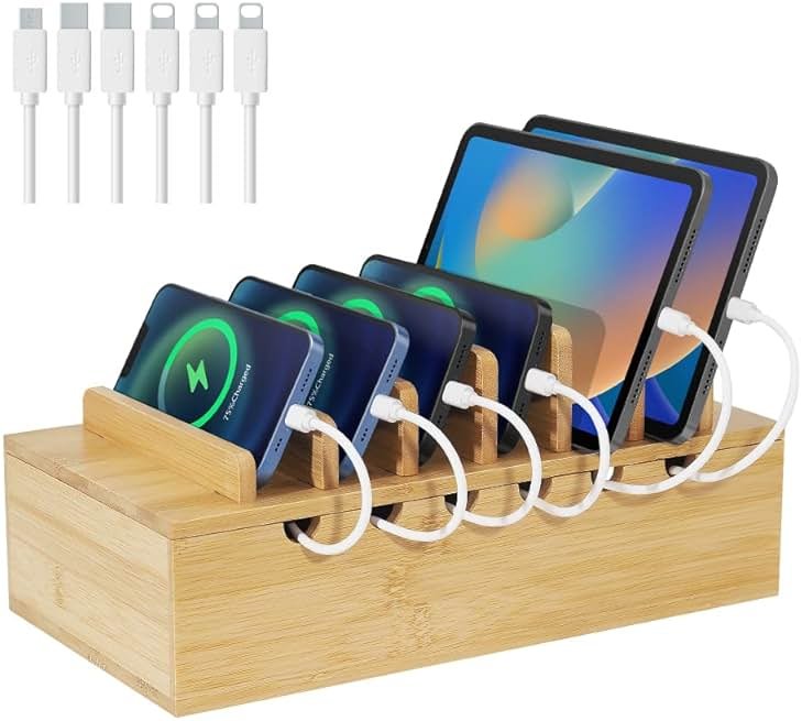 LEOKKARR Bamboo Charging Station for Multiple Devices, Desk Docking Stations Organizer Compatible with iPhone Devices, Wood Charging Cell Phone Holder Stand (Includes 6 Cables) (NO Power Supply) - Product Image
