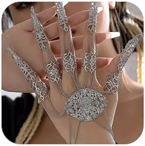 Octwine Pack of 1 Punk Ancient Queen Finger Nails Tip Claw Bracelet Belly Dance Hand Chain Cosplay Costume Jewelry for Women (Silver) - Product Image