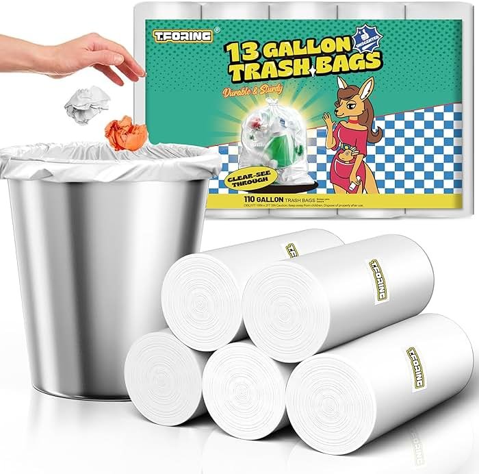 T.FORING 13 Gallon Tall Kitchen Trash Bags Unscented,1.1 Mil,Clear,110 Ct | Leakproof,Heavy Duty,Strong Garbage Can Liners,White,Fit 38 - 50 Liter Waste Bins,for Home Office Household Use - Product Image