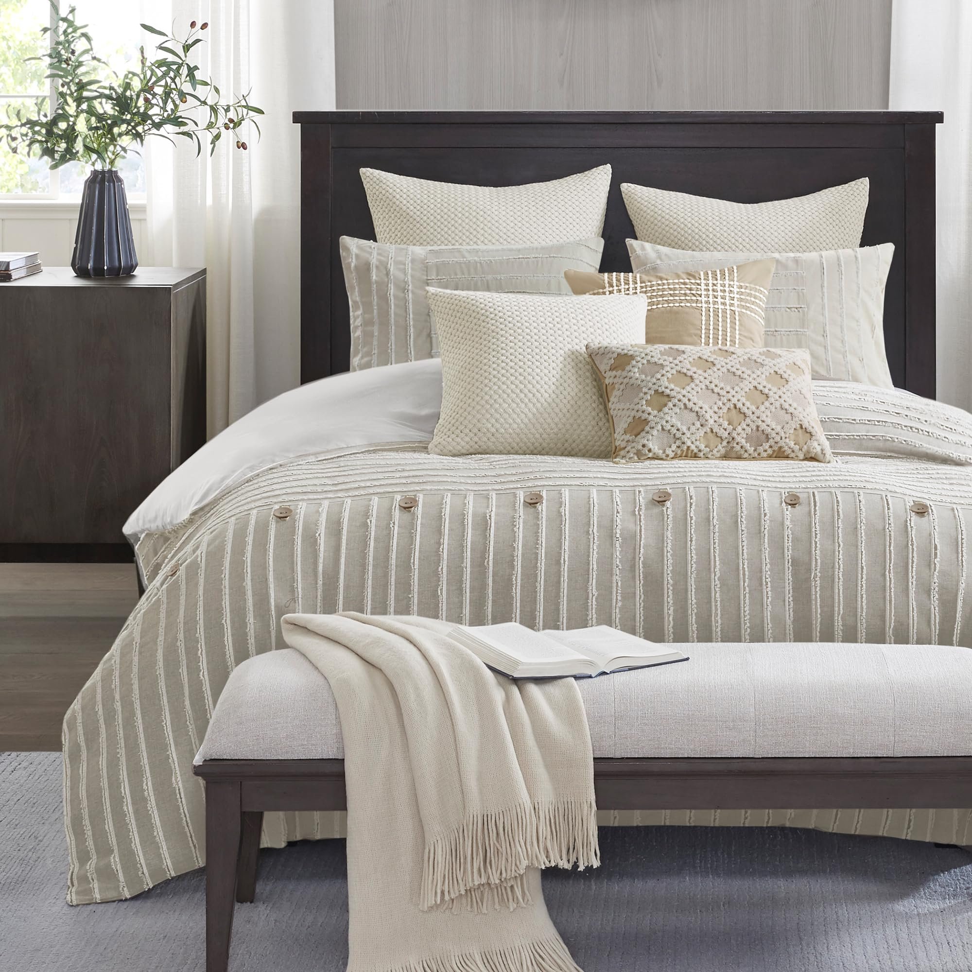 Madison Park Queen Comforter Set Clipped Jacquard Stripes with Buttons Boho Comforter for a Queen-Size Bed, Cotton Oversized Comforters with Removable Cover Boho Bedding, Queen Ivory 8 Piece - Product Image
