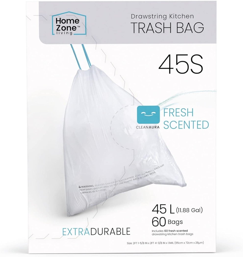 Home Zone Living 12 Gallon Kitchen Trash Bags with Drawstring Handles, Heavy Duty Custom Fit Design for Standard 45 to 50 Liter Kitchen Trash Cans, Code 45S, 60-Count - Product Image