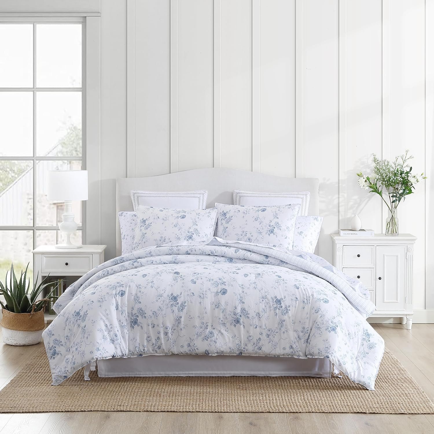 Laura Ashley - Queen Comforter Set, 100% Cotton Bedding, Medium Weight for Year-Round Comfort, Reversible Floral Design, Includes Comforter and Shams, Belinda Blue - Product Image