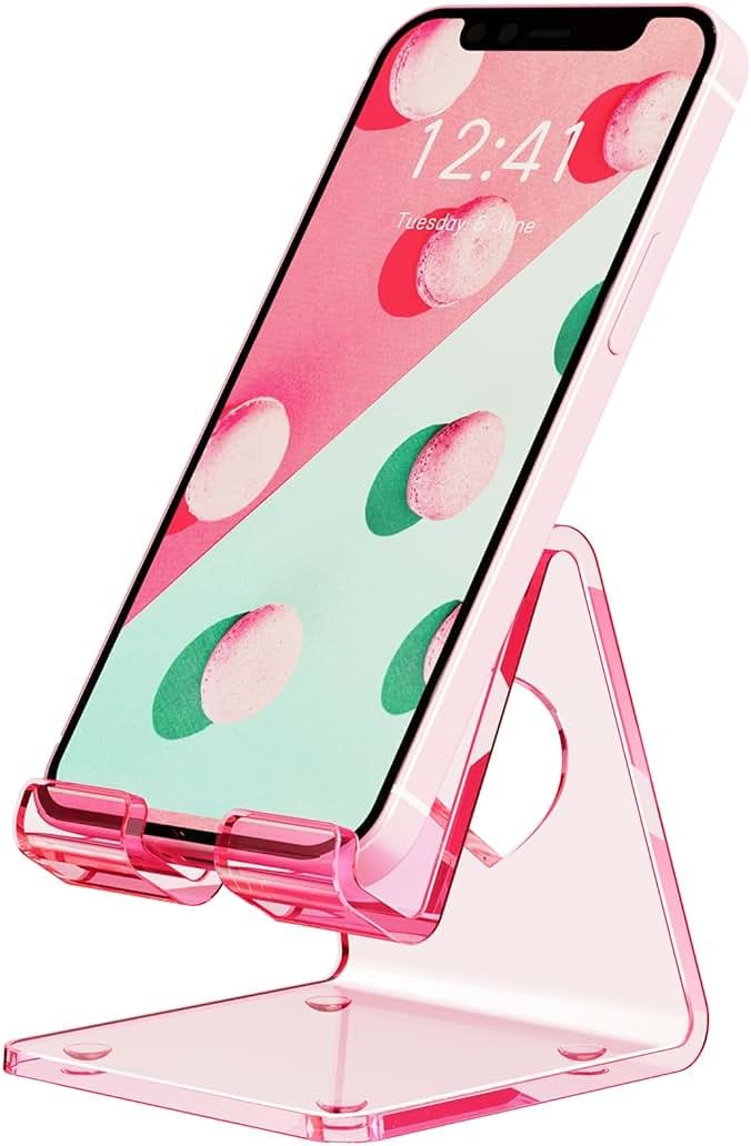 Crpich Acrylic Cell Phone Stand, Portable Phone Holder, Clear Pink Phone Stand for Desk, Compatible with Phone16 15 14 13 12 11 Pro Max SE, Switch, Android Smartphone, Pad, Tablet, Desk Accessories - Product Image